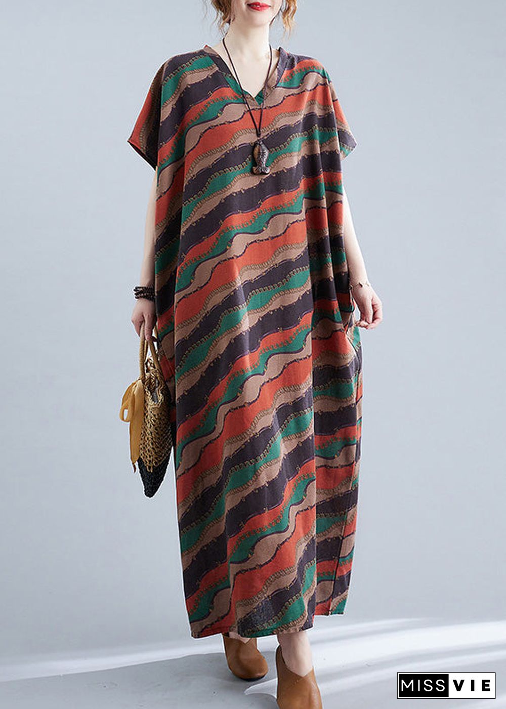 Retro Red V Neck Striped Print Cotton Maxi Dresses Short Sleeve