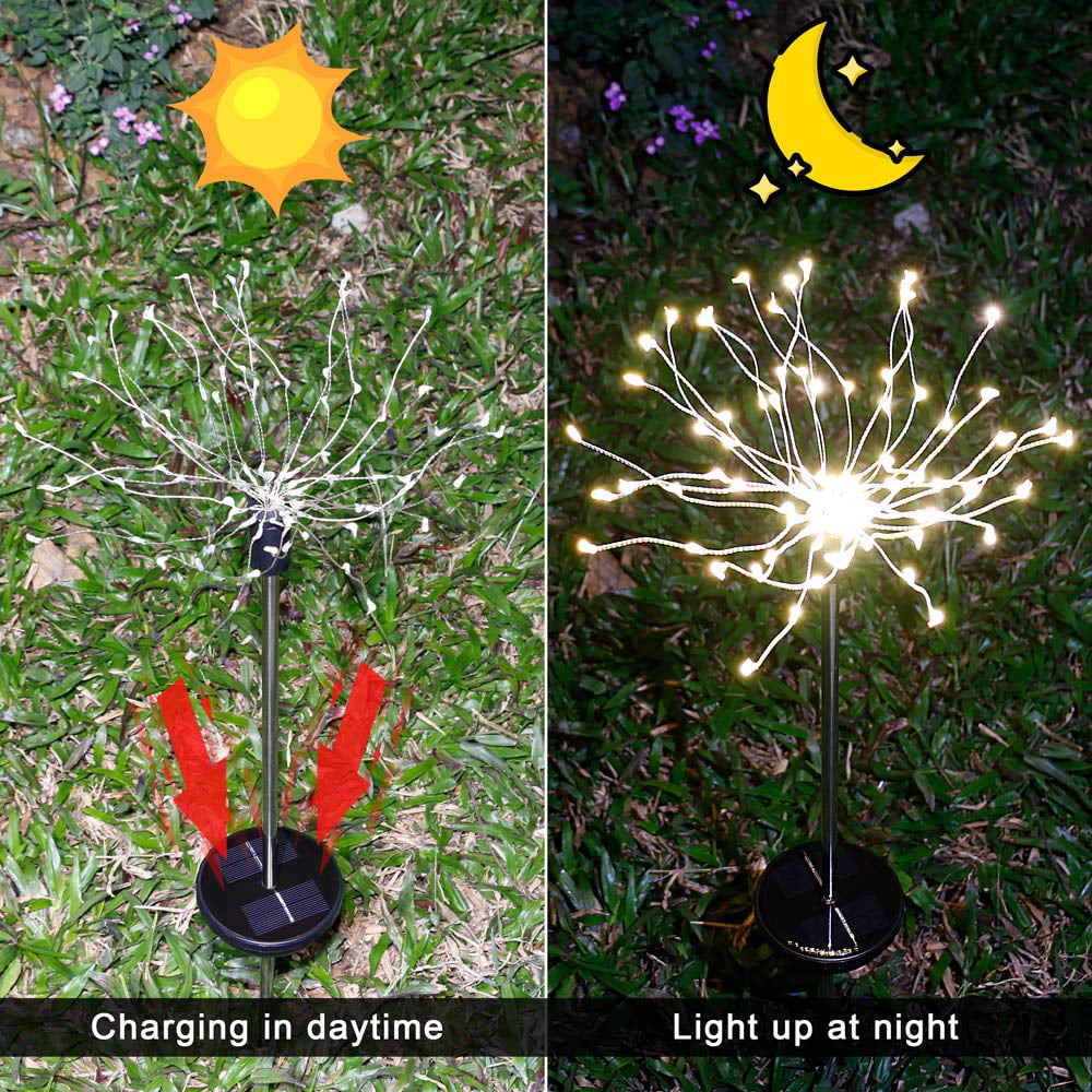 Honche Solar Fireworks Lights Outdoor Waterproof LED Garden Ground Stake Lights Starburst Lights Pathway Garden Yard Decoration Lighting(2 Packs-Cool White)