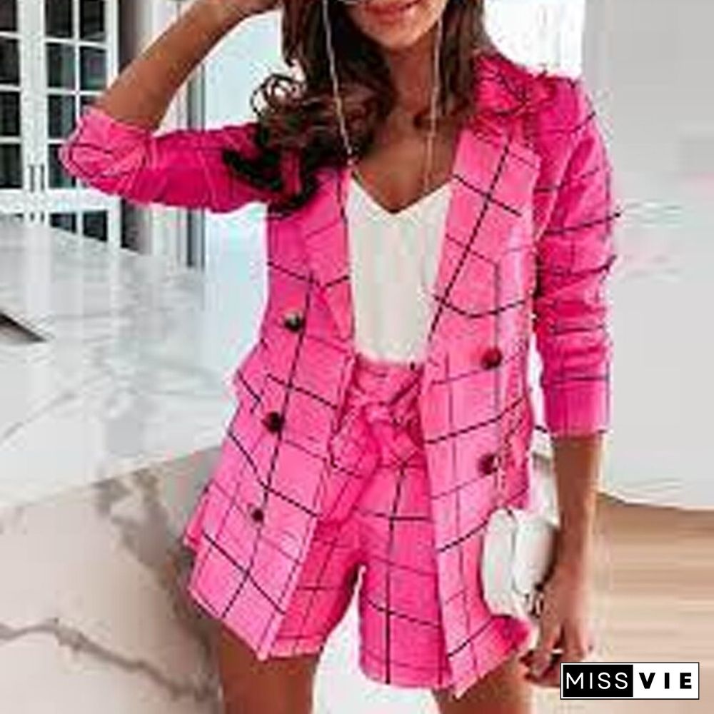 Women Lapel Double-Breasted Top Coat+High Waist Tie-up Shorts Suit Autumn Casual Plaid Print 2pc Set New Fashion Long Sleeve Set