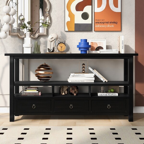 Rustic Solid Console Table Double-Storey Tabletop with Three Drawers