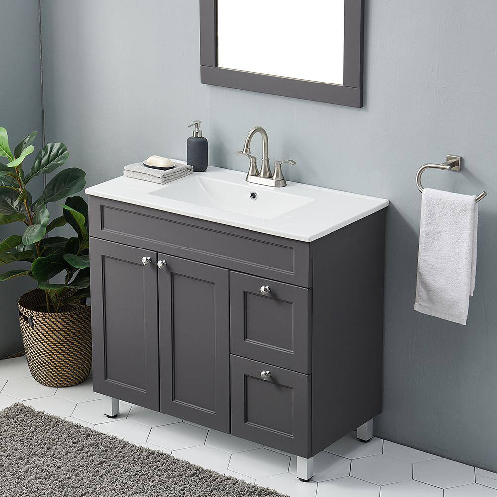 VC CUCINE 35 in. W x 18 in D. x 32 in. H Bathroom Vanity in Gray with White Ceramic Top HESEBC047-ZC90E-3