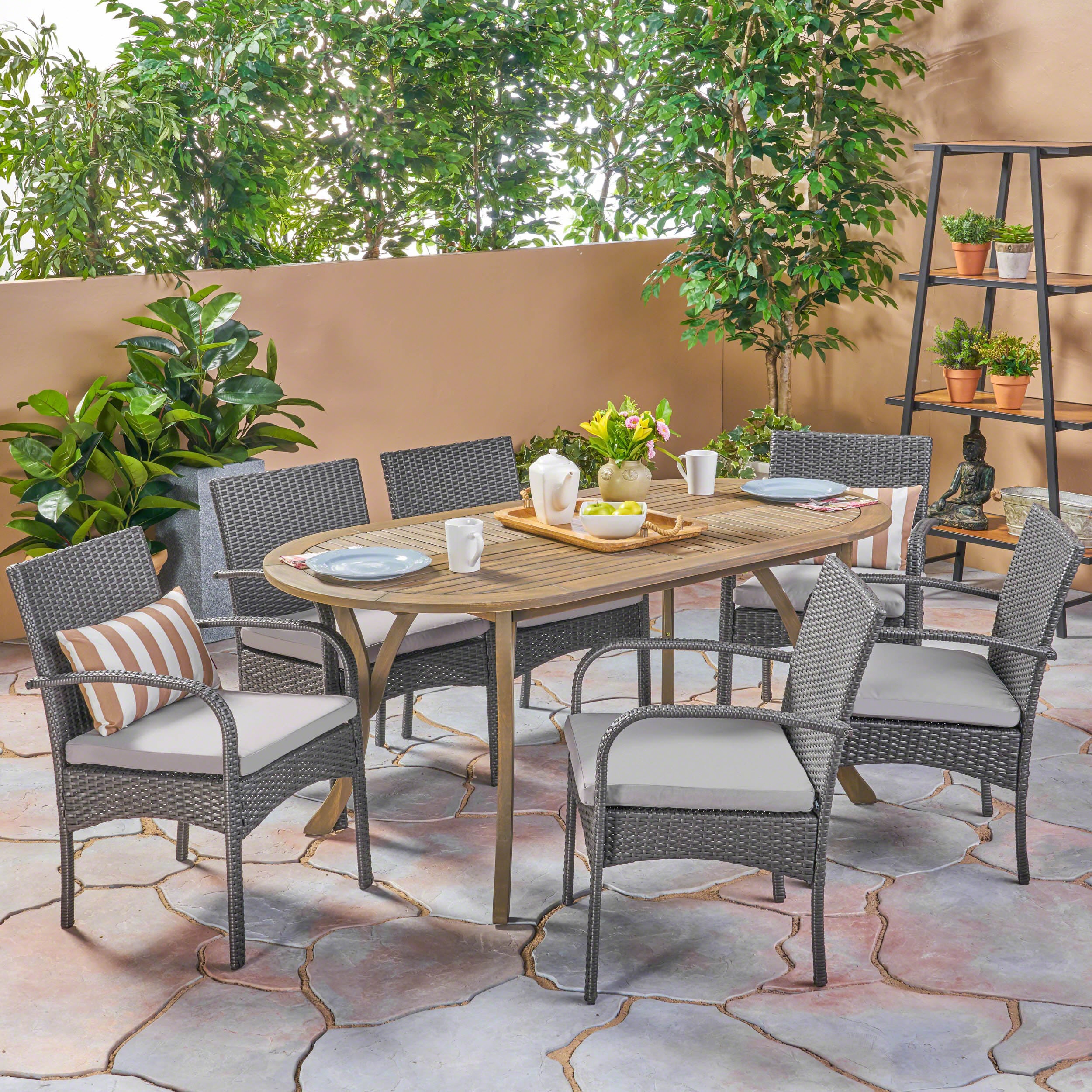 Isla Outdoor 7 Piece Wood and Wicker Dining Set, Gray Finish and Gray