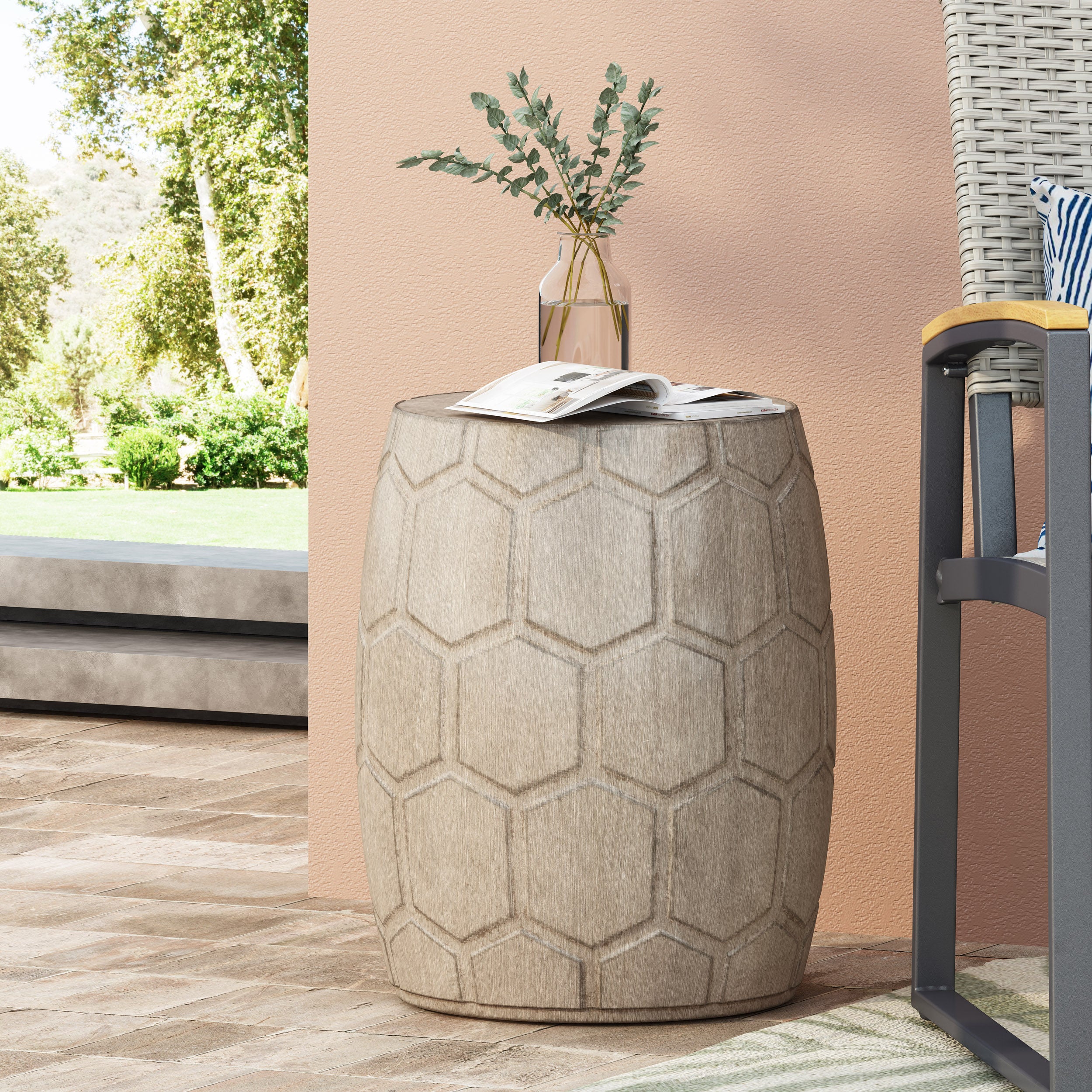 Ardson Outdoor Lightweight Concrete Side Table, Natural Wood