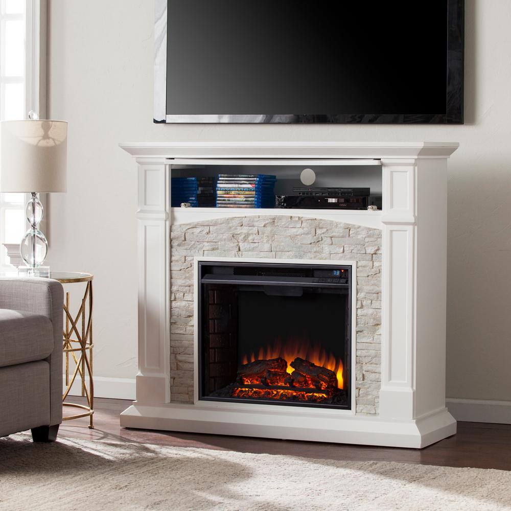 Southern Enterprises Conway 45.75 in. Electric Fireplace TV Stand in White with White Faux Stone HD90305