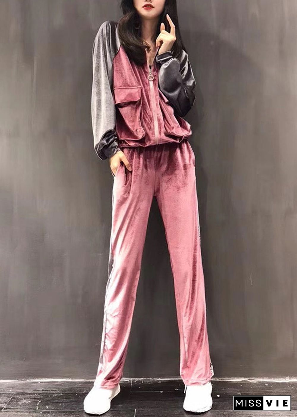 Sexy Pink Zippered Silk Velour Coats And Wide Leg Pants Two Pieces Set Long Sleeve