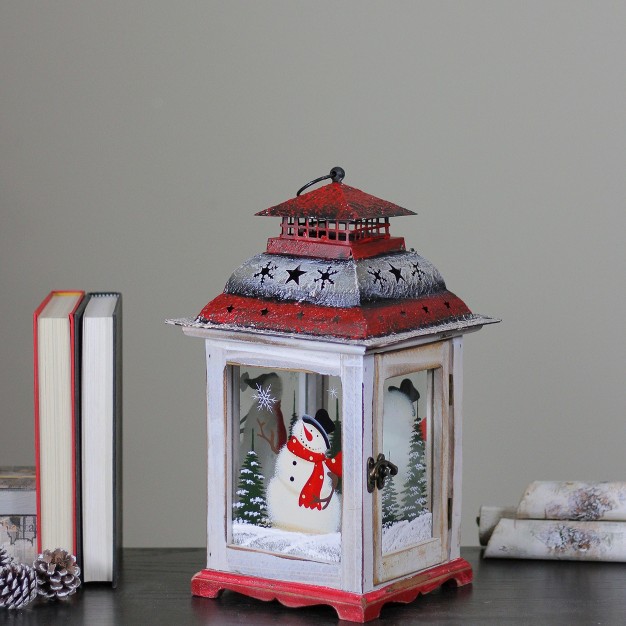 Rustic Red And White Snowman Christmas Scene Candle Lantern