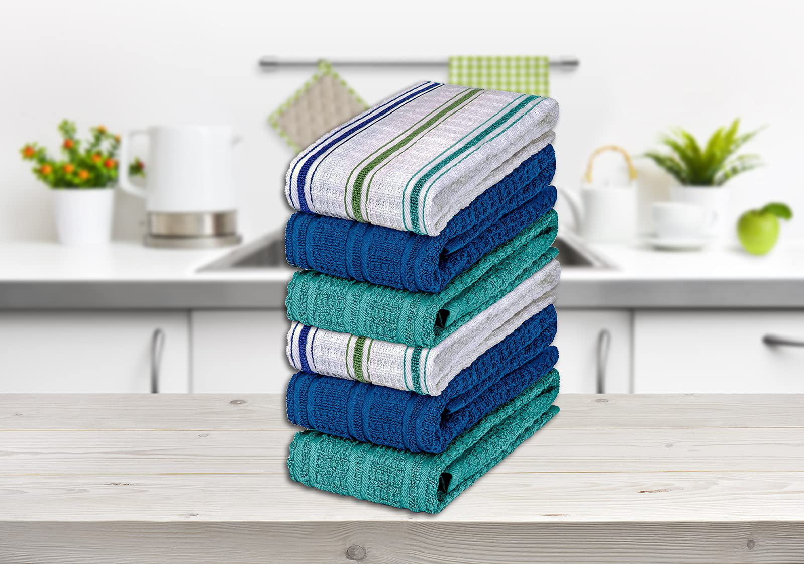 DecorRack 6 Kitchen Towels， 100% Cotton， 16 x 27 inches， White， Navy Blue and Teal， 6 Pieces