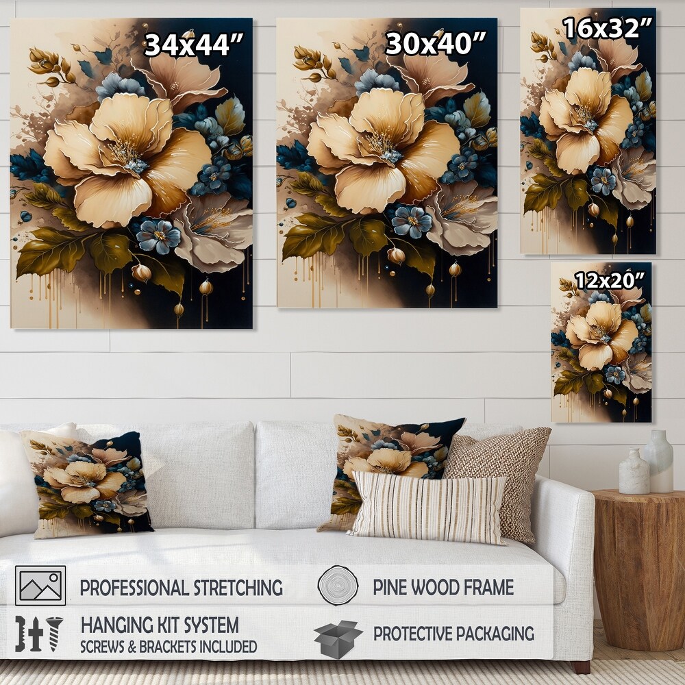 Designart 'Brown And Blue Hibiscus Bouquet I' Floral   Botanical Canvas Wall Art