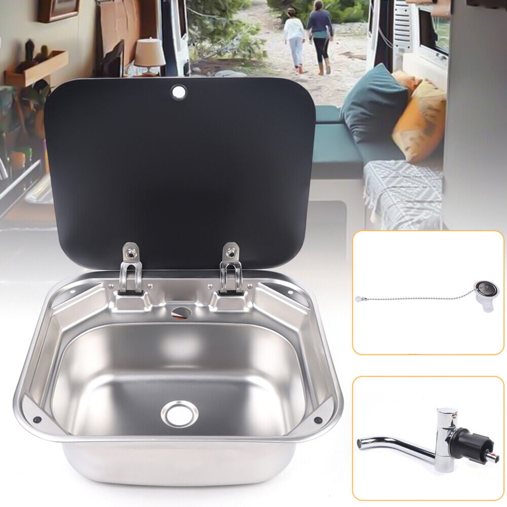 14.7" RV Caravan Camper Hand Wash Basin Black Kitchen Polishing Sink Stainless Steel W/ Lid & Faucet