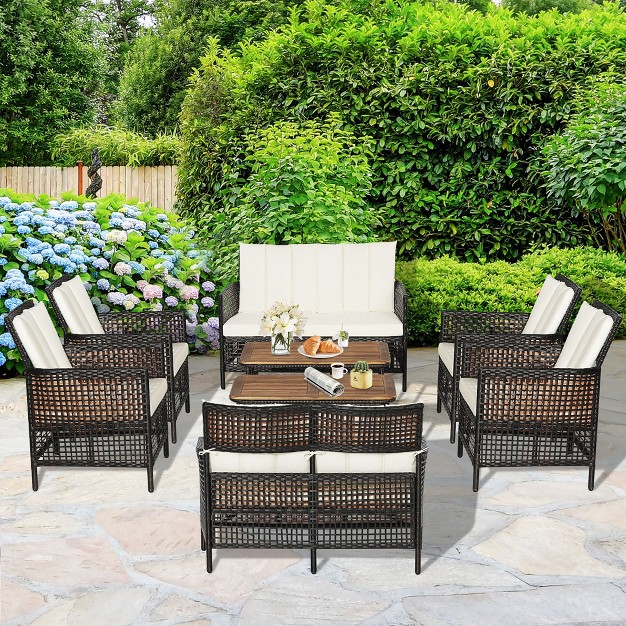 Costway 8pcs Patio Rattan Furniture Set Cushioned Chairs Wood Table Top W shelf