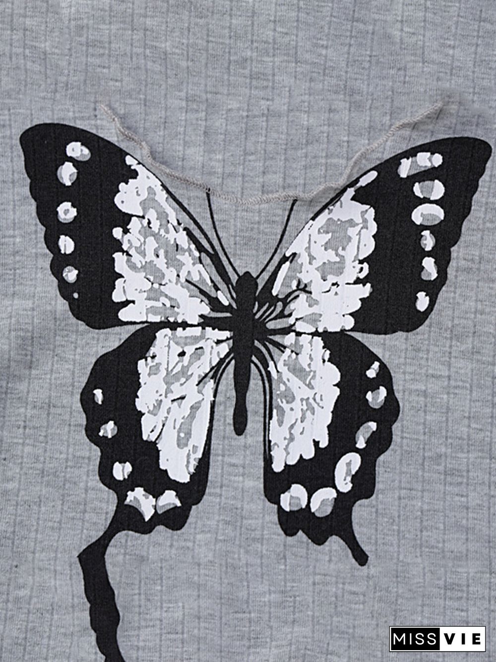 Butterfly Print Front Slit Long Sleeve Tee