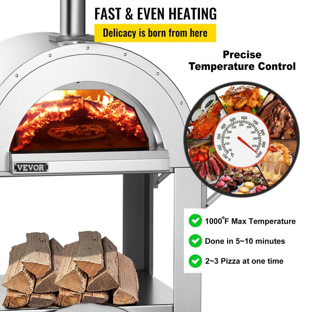 VEVOR 46 in. Wood Fired Artisan Pizza Oven Outdoor Pizza Oven 3-Layer Stainless Steel Pizza Maker with Wheels HWPSKXTJYCY312EF0V0