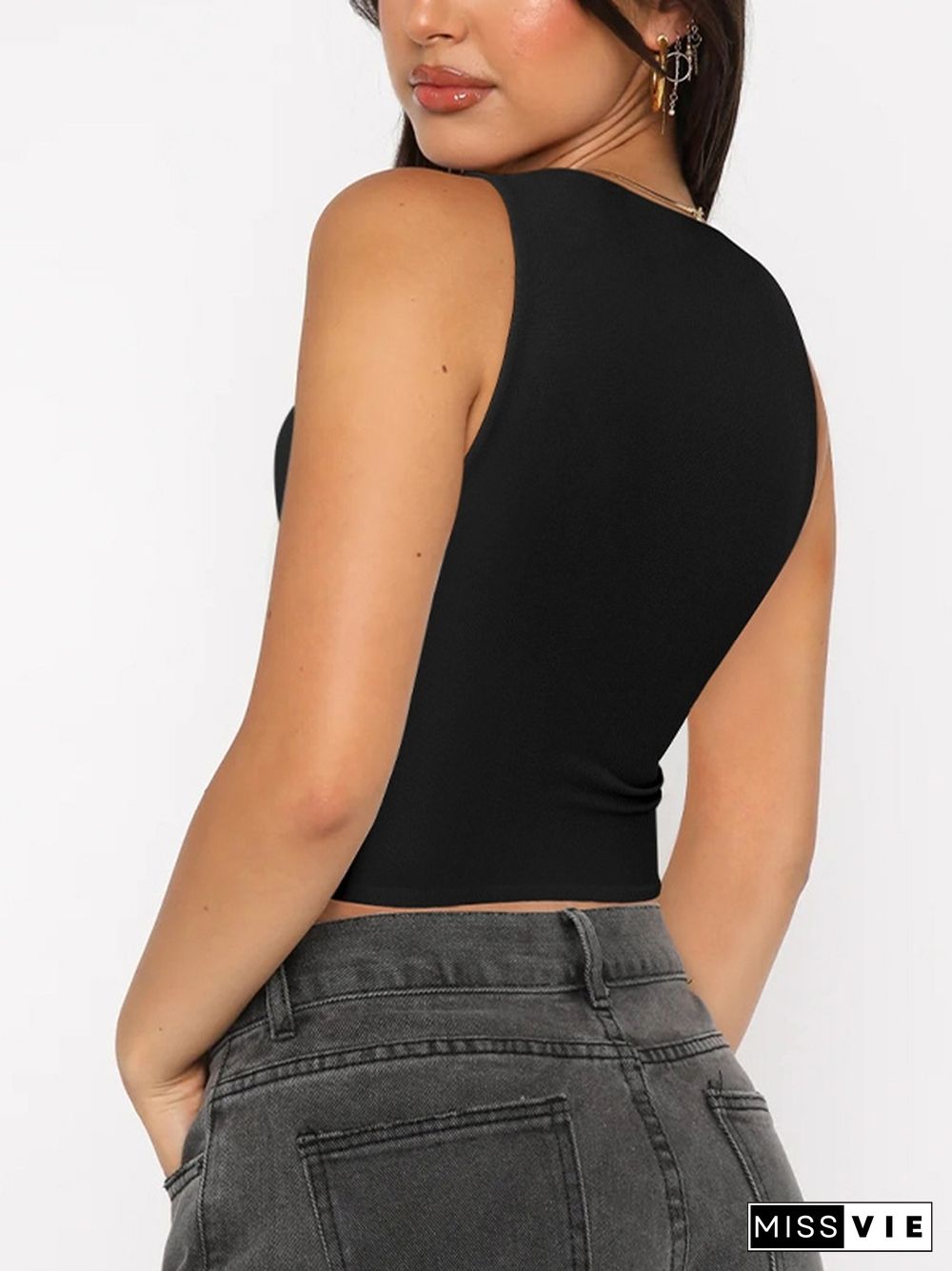 Solid Crew Neck Cropped Tank Top