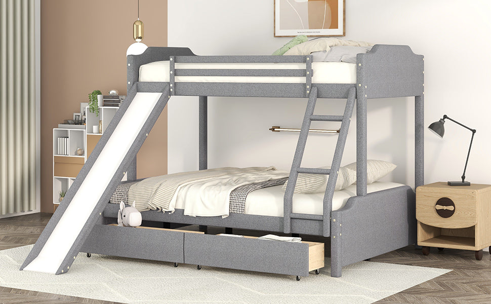 EUROCO Upholstery Twin over Full Bunk Bed with Slide and Drawers for Kids Room, Gray