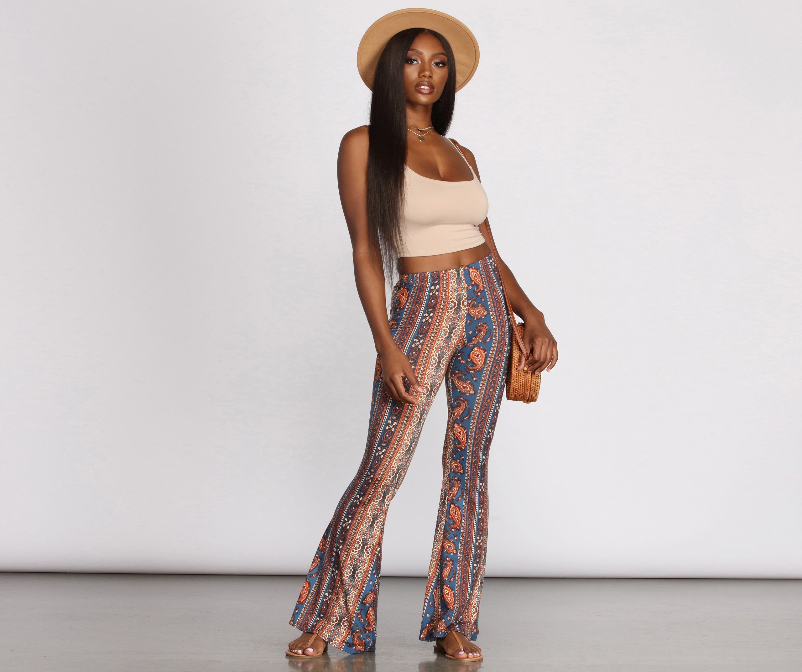 Boho Flair Floral Stripe Flare Pants