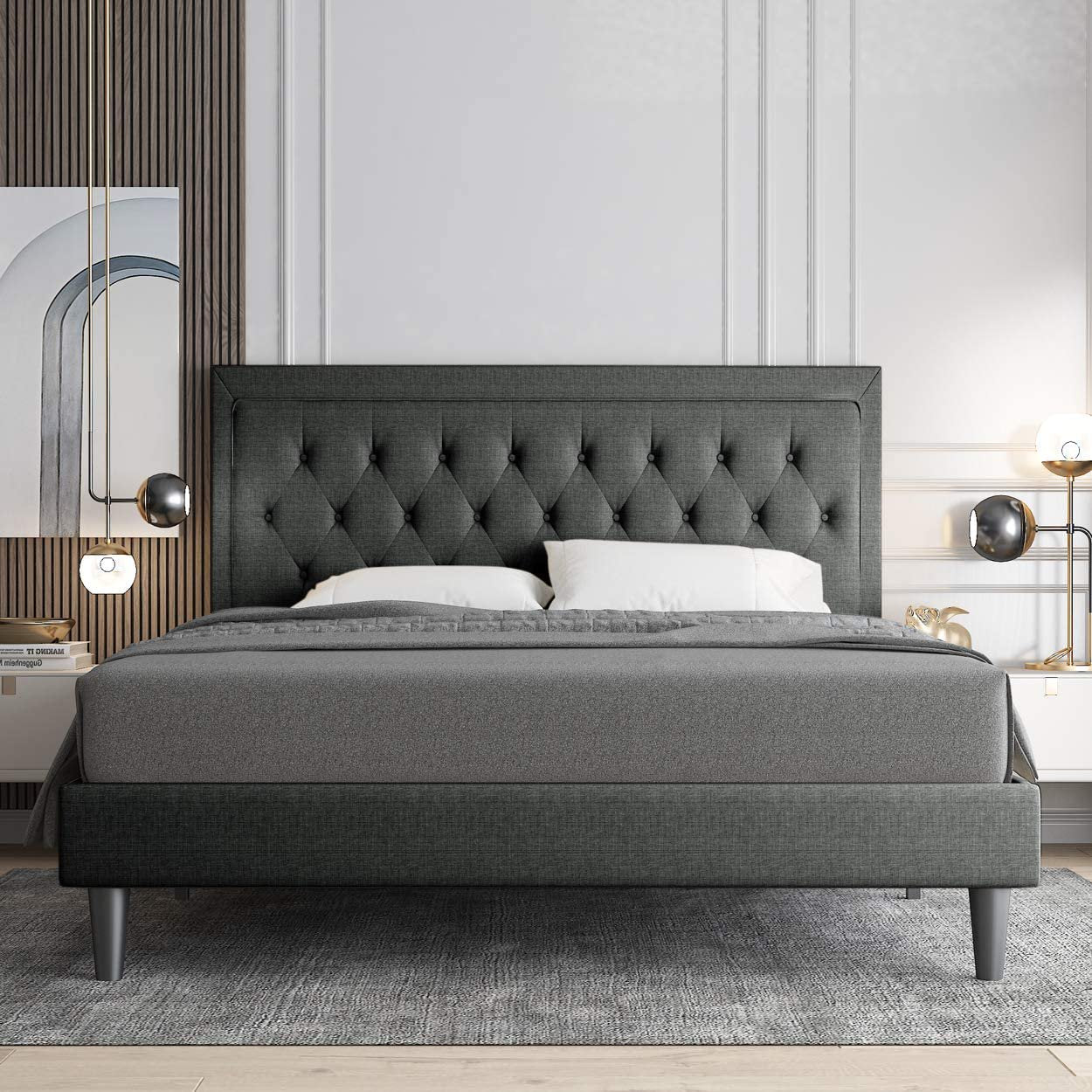 Allewie Queen Size Fabric Upholstered Button Tufted Platform Bed, Dark Grey