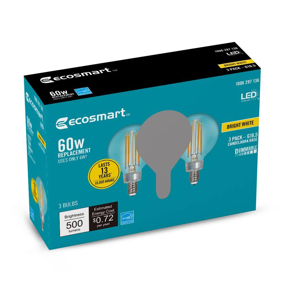 EcoSmart 60-Watt Equivalent G16.5 Dimmable ENERGY STAR CEC Filament LED Light Bulb Bright White (3-Pack) G16.5C6E12930Z