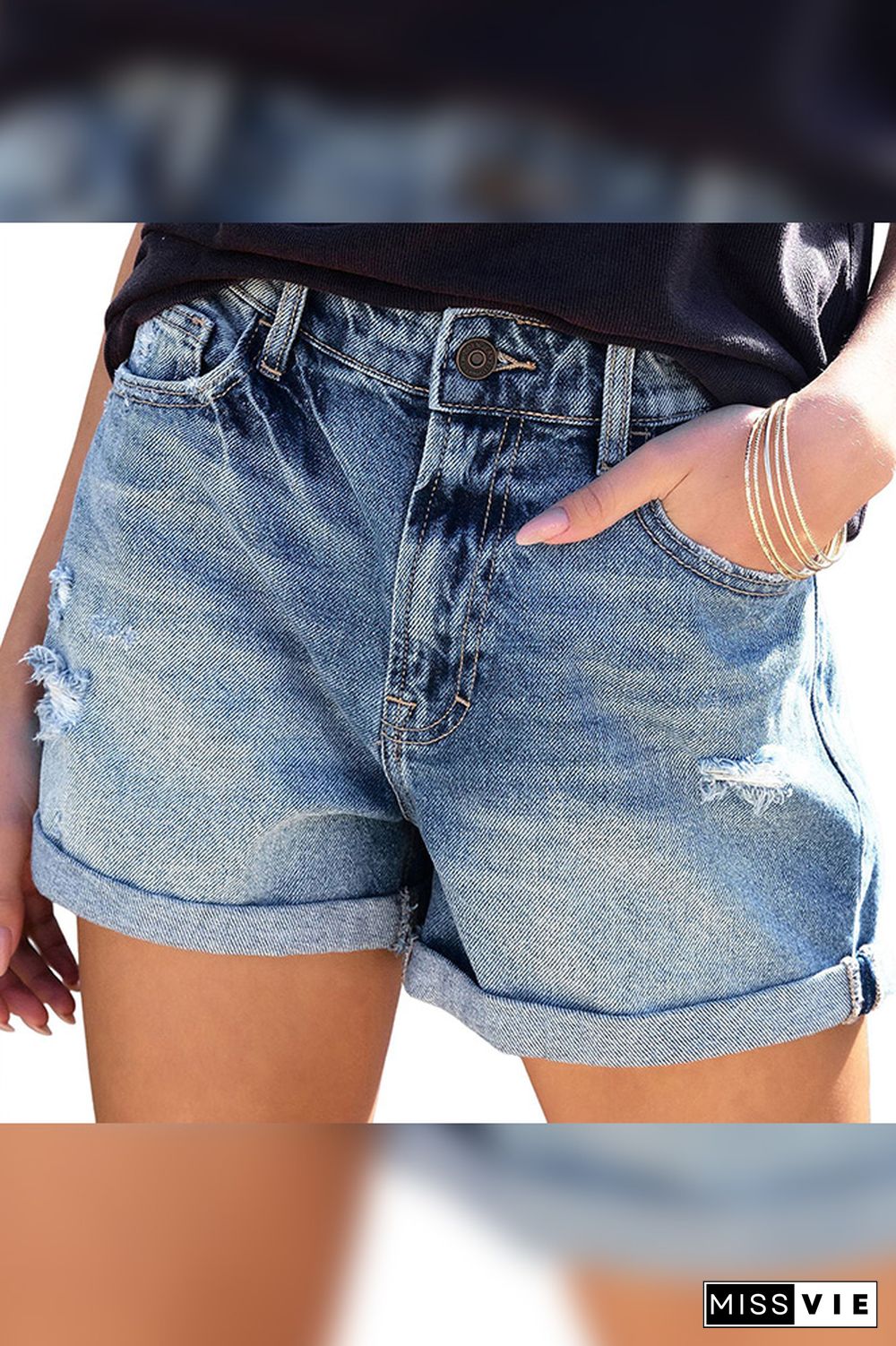 Blue Folded Hem Ripped Denim Shorts