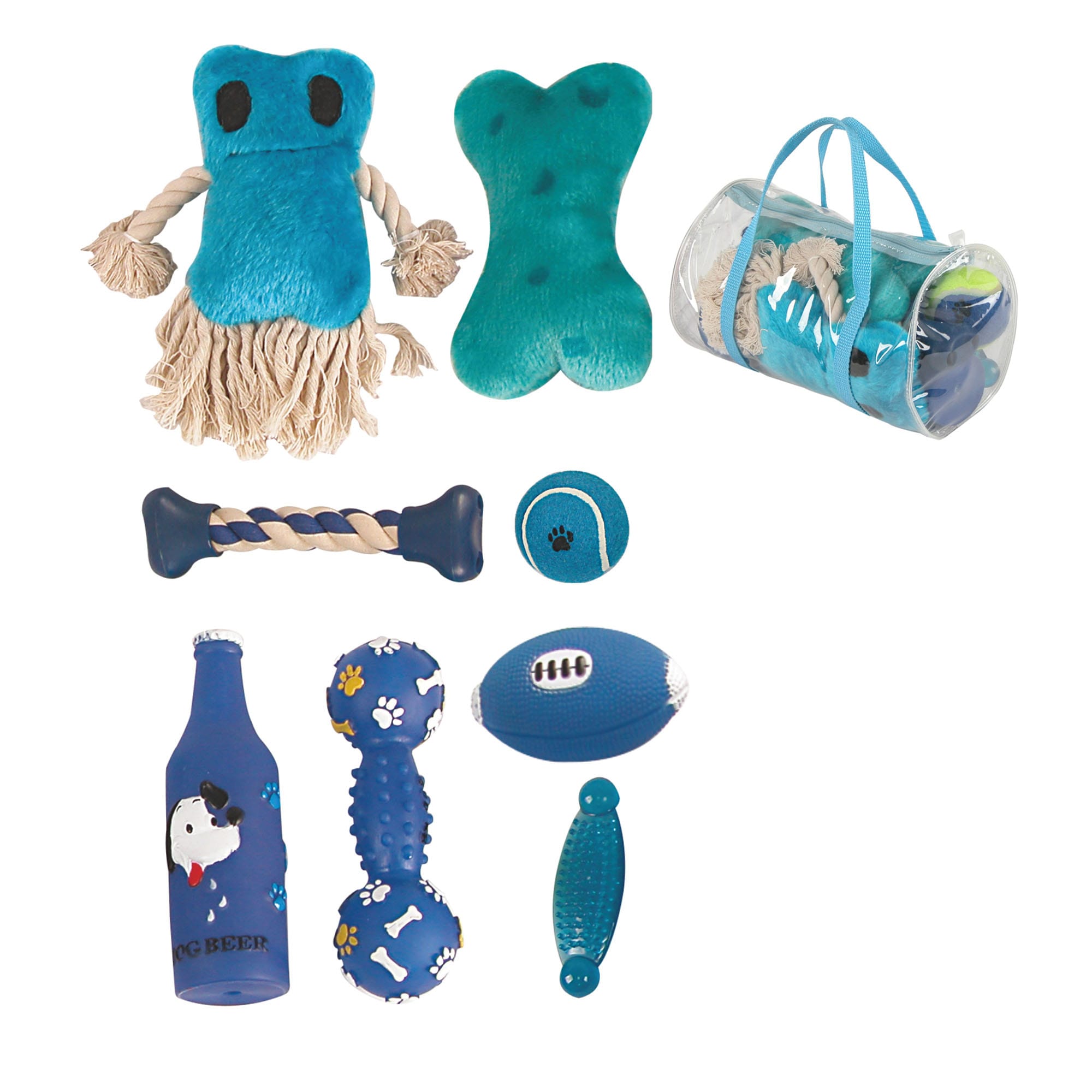 Pet Life Blue Duffle Bag Dog Toy Set， Small