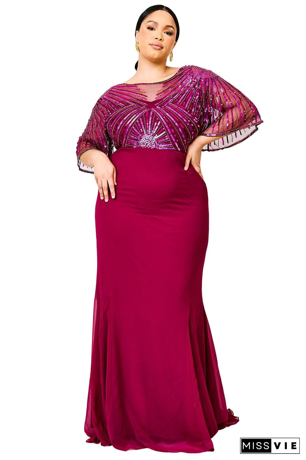 Red Sequin Mesh Open Back Plus Size Maxi Dress