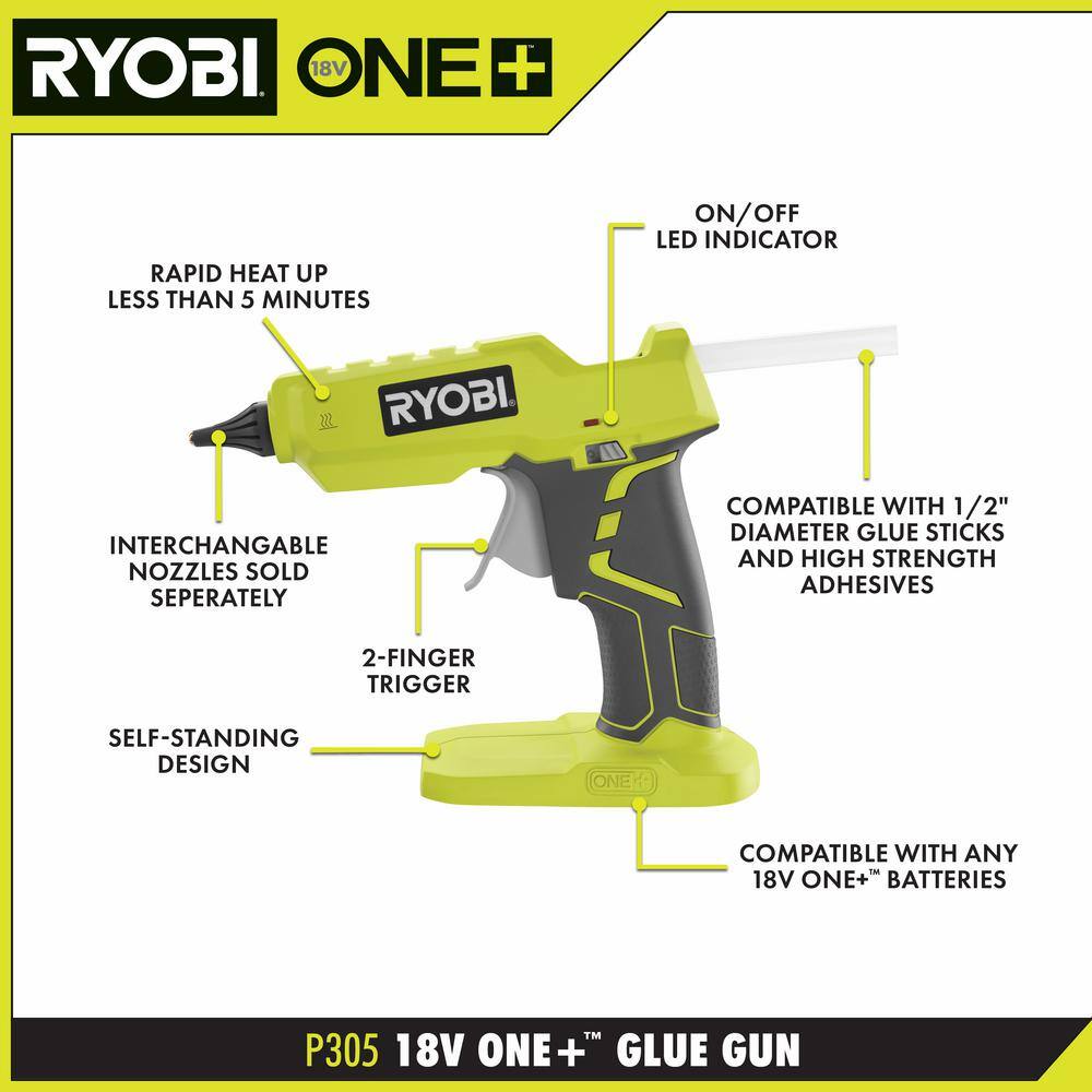 RYOBI ONE+ 18V Cordless Full Size Glue Gun (Tool-Only) with 3 General Purpose Glue Sticks P305