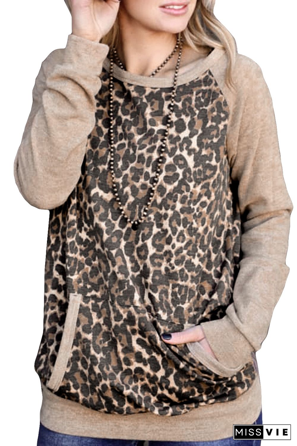 Leopard Kangaroo Pocket Raglan Sleeves Sweatshirt