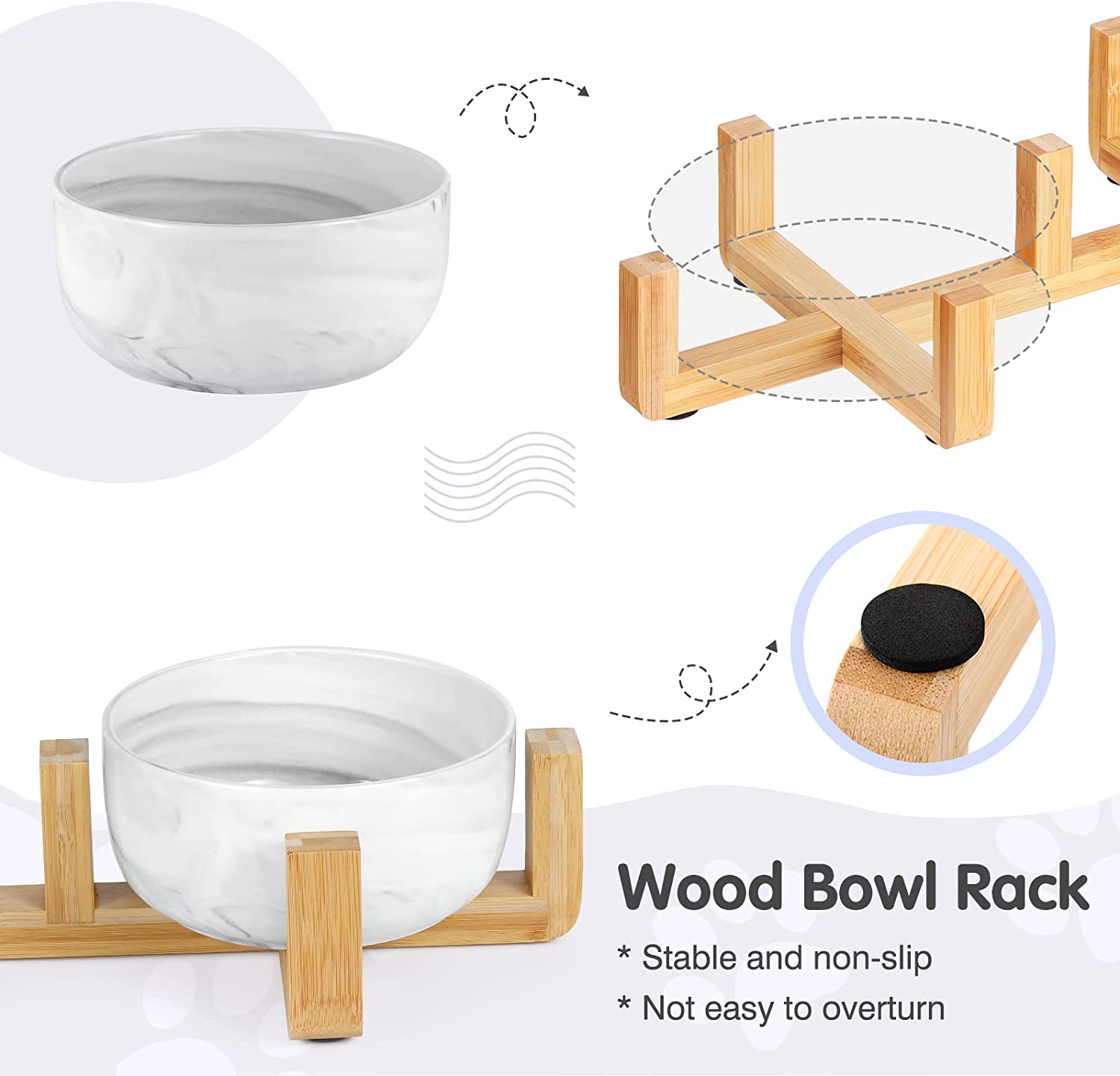 Pawaboo Ceramic Dog Bowls Cat Food and Water Bowls Set with Wooden Stand & Non-Slip Silicone Pad, Modern Cute Bowl Set for Small Size Dogs and Cats (15.2OZ ) & Medium Sized Dogs (28OZ), 6inch-Ink