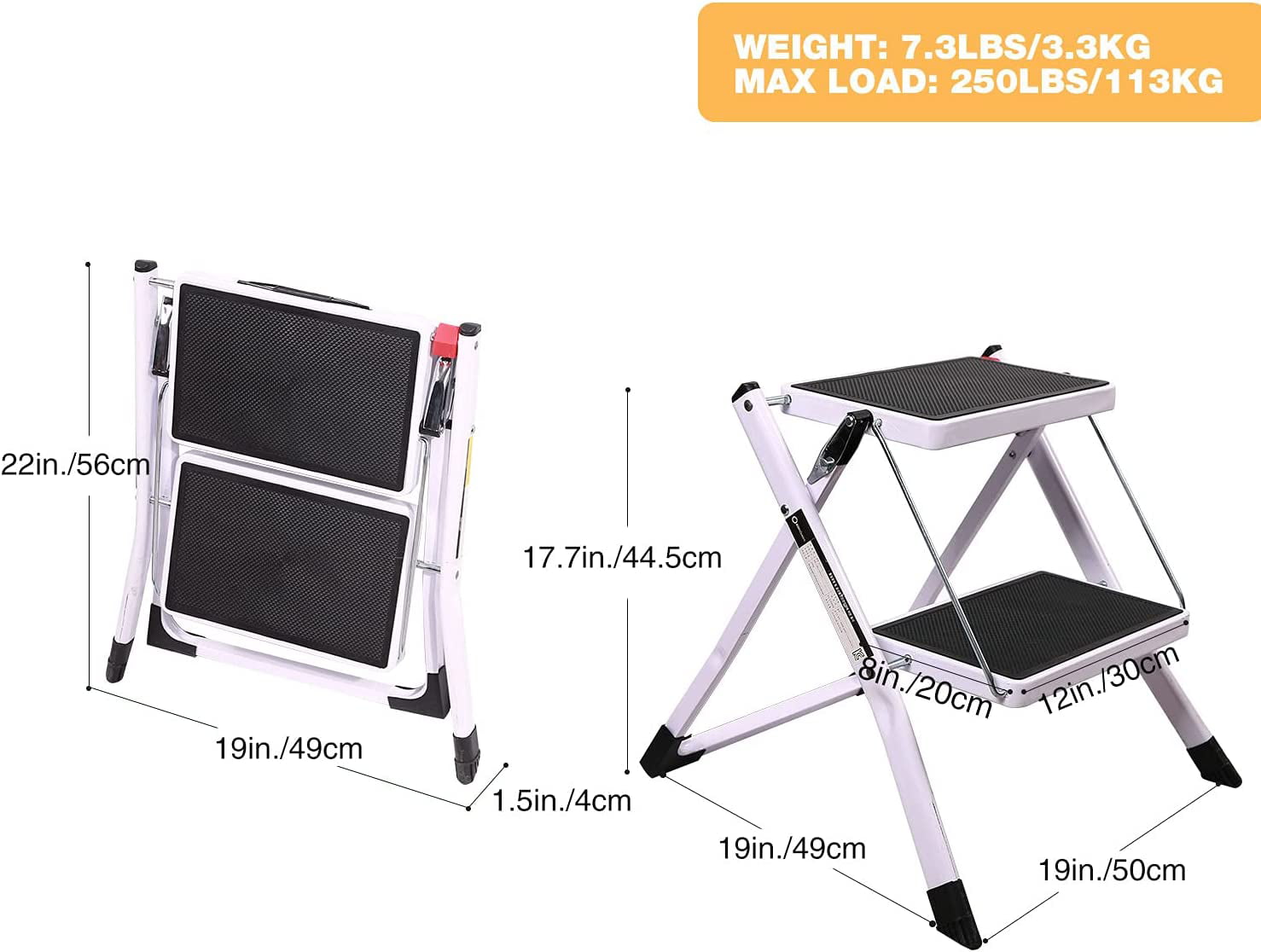 REDCAMP Folding 2 Step Stool for Adults 250lbs, Lightweight Portable Small 2 Step Ladder for Home Kitchen, White