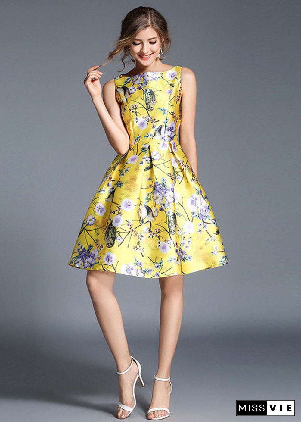 Fashion Yellow Print Wrinkled Patchwork Cotton Mid Dress Sleeveless