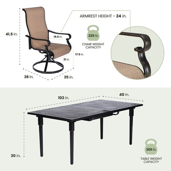 Hanover Brigantine 9Piece Outdoor Patio Dining Set with an Expandable Cast Top Aluminum Table and 8 Sling Swivel Rockers