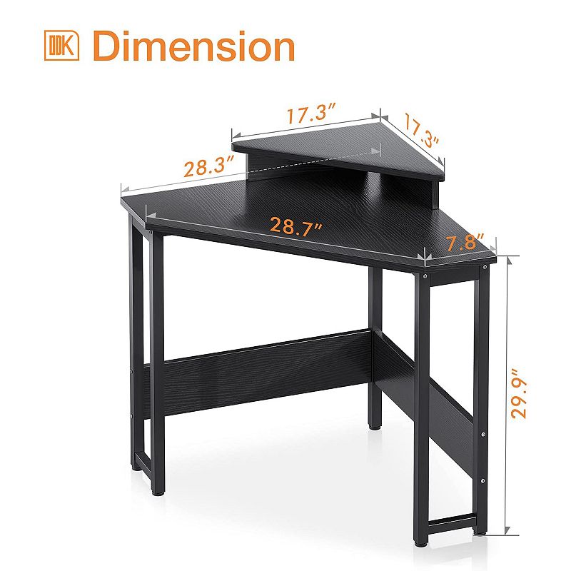 ODK Modern Triangle Corner Computer Writing Desk w/ Raised Monitor Stand， Black