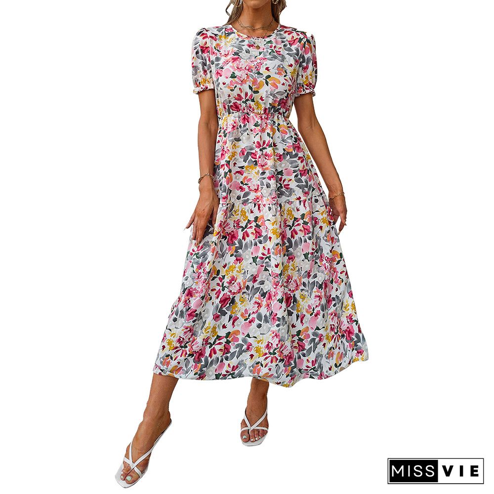 Elegant Boho Beach Summer Women Dress Short Princess Sleeve Floral Print Dress New O-neck High Waist Zip A-line Long Dress