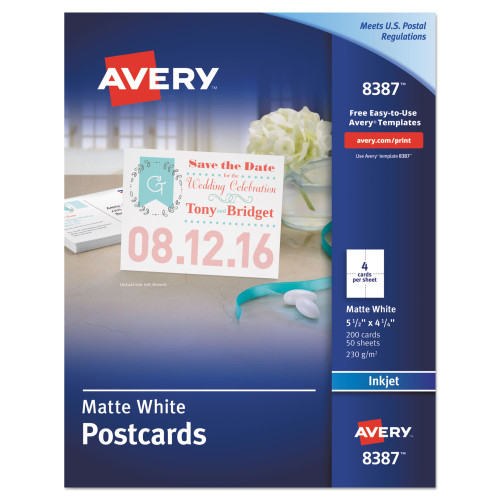 Avery Postcards for Inkjet Printers， 4 1/4 x 5 1/2， Matte White， 4/Sheet， 200/Box (8387)