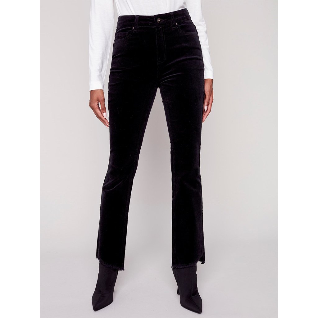 Charlie B  Bootcut Corduroy Pants with Asymmetrical Fringed Hem - Black