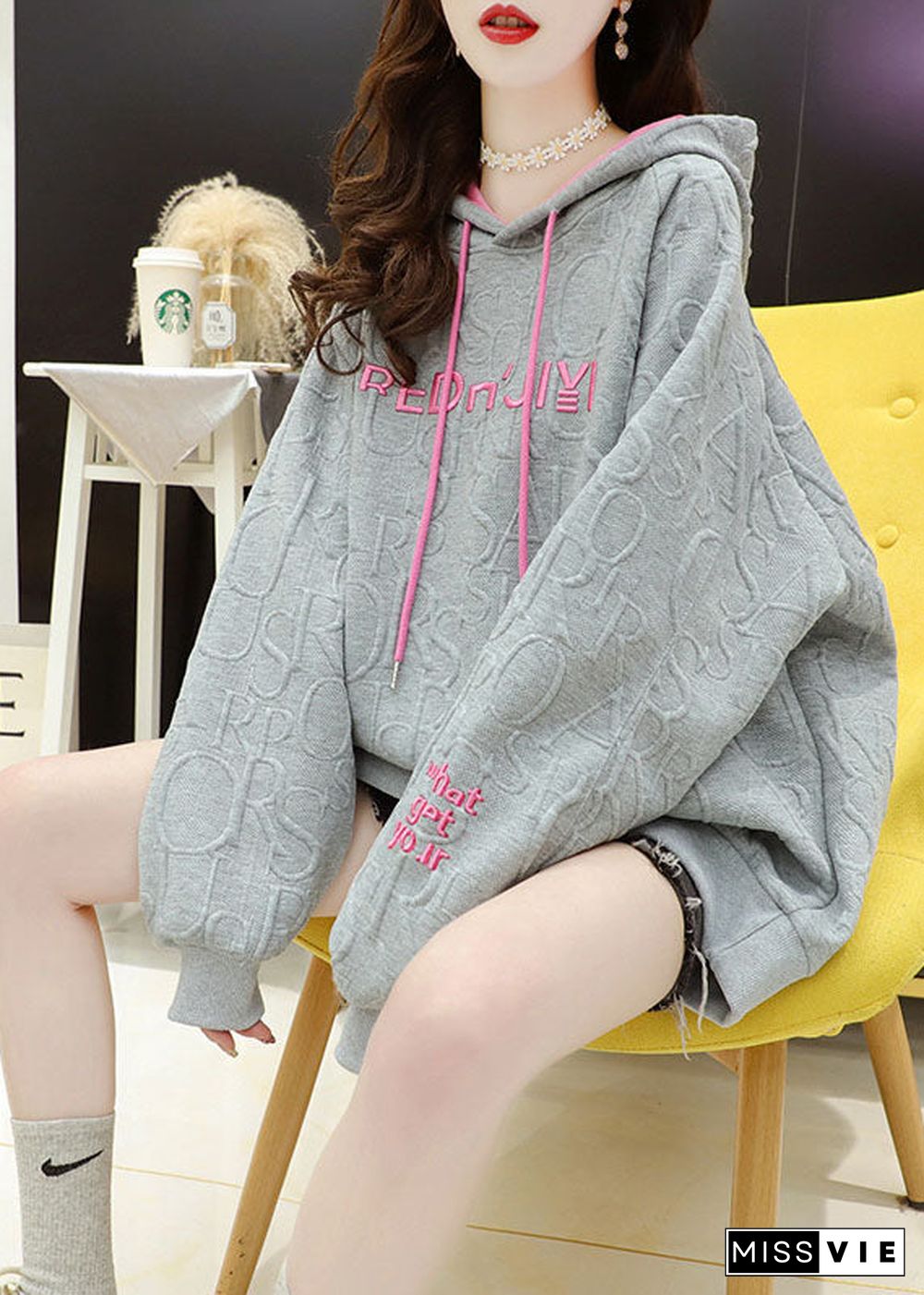 New Grey hooded drawstring Embroideried Fall Sweatshirt Street wear