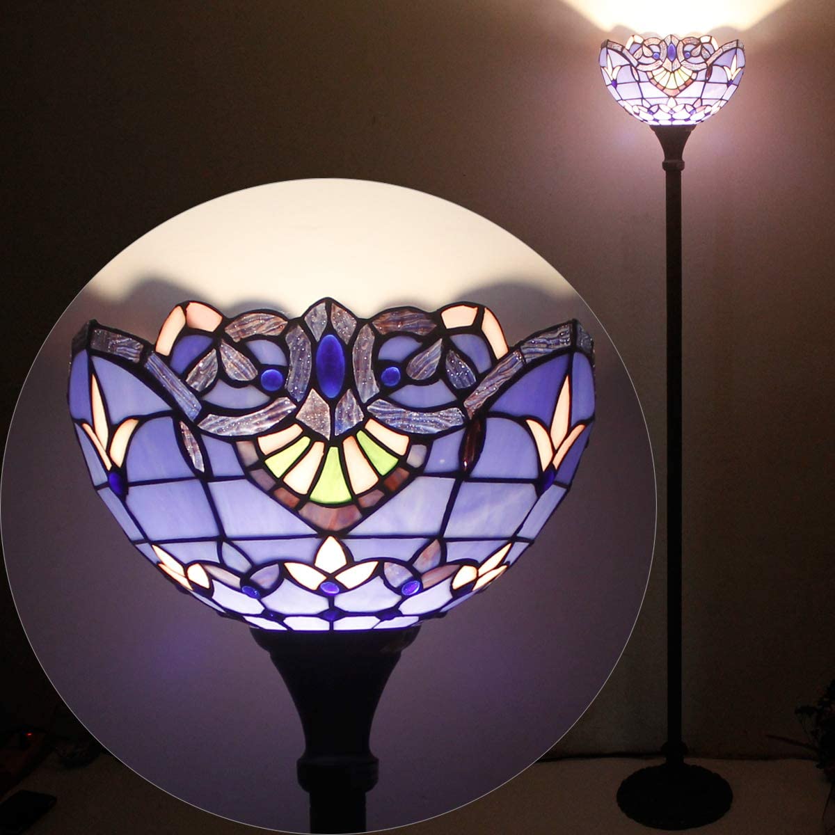 BBNBDMZ Tiffany Floor Lamp Blue Purple Baroque Stained Glass Light 12X12X66 Inch Pole Torchiere Standing Corner Torch Uplight Decor Bedroom Living Room  Office S003C Series