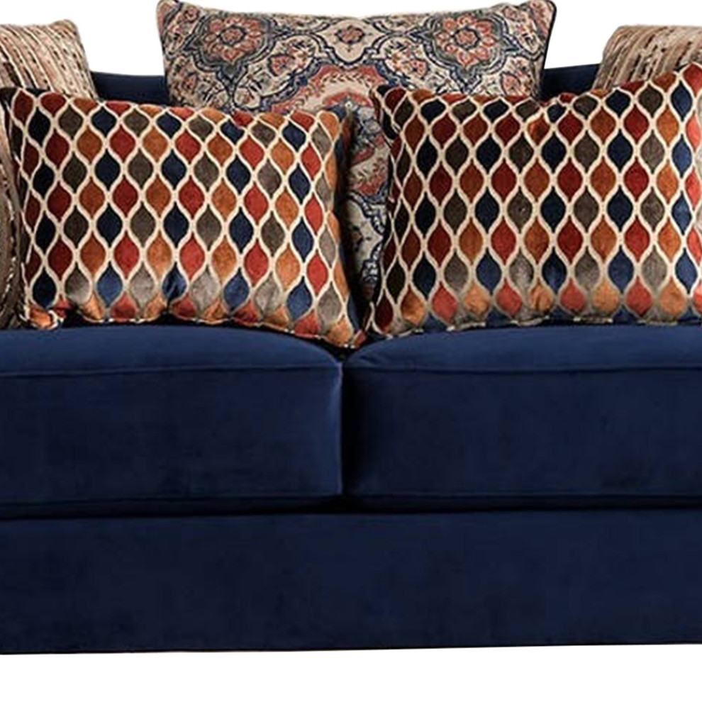 Wood And Chenille Fabric Upholstered Loveseat With Throw Pillows  Blue   Transitional   Loveseats   by VirVentures  Houzz