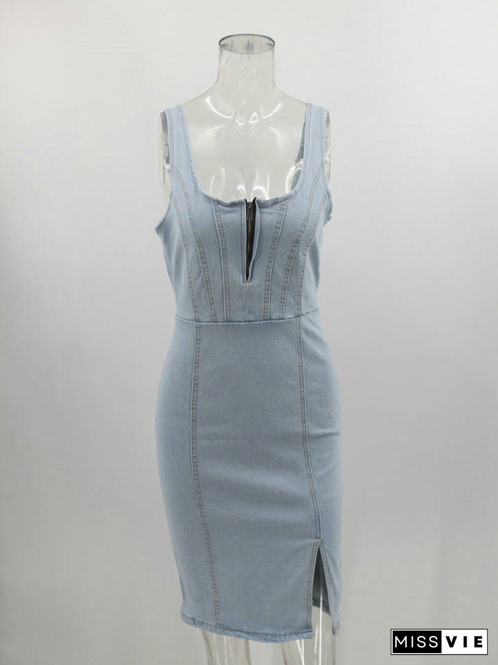 Sleeveless Side Split Bodycon Midi Denim Dress