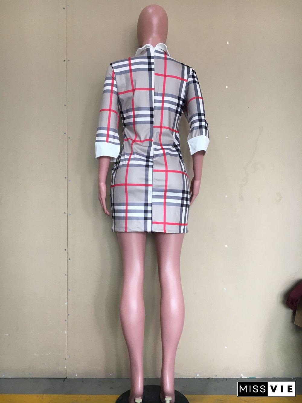 Plaid Print 3/4 Sleeve Elegant Short Dresses