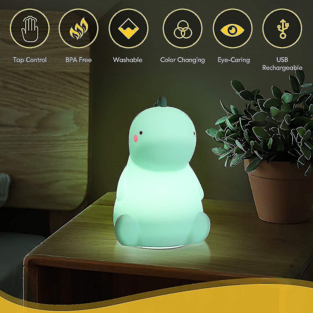 Dinosaur Night Light For Kids， Cute Color Changing Silicone Baby Night Light With Touch Sensor， Port