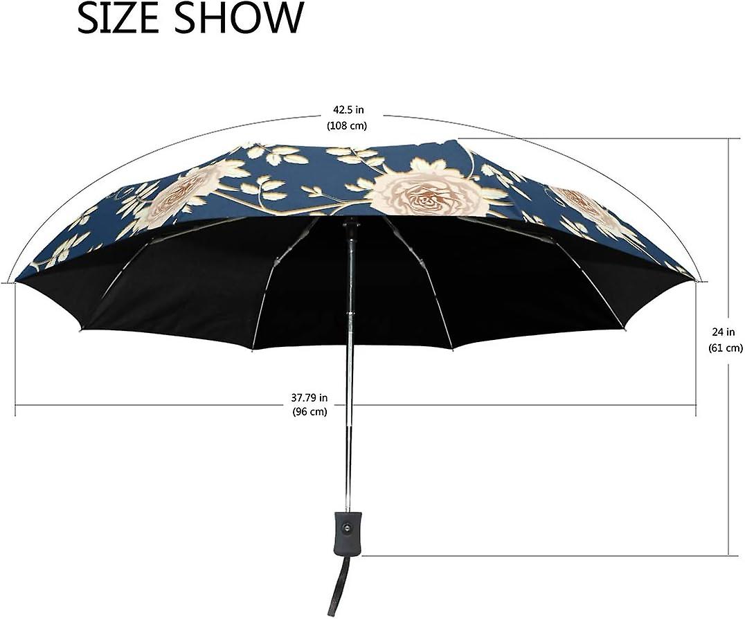 Travel Umbrella Automatic Windproof Foldable Umbrella Flora Roses On Dark Blue