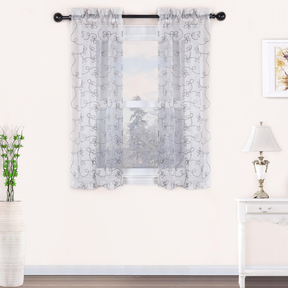 Superior Bohemian Floral Scroll Sheer Curtain Set with 2 Panels