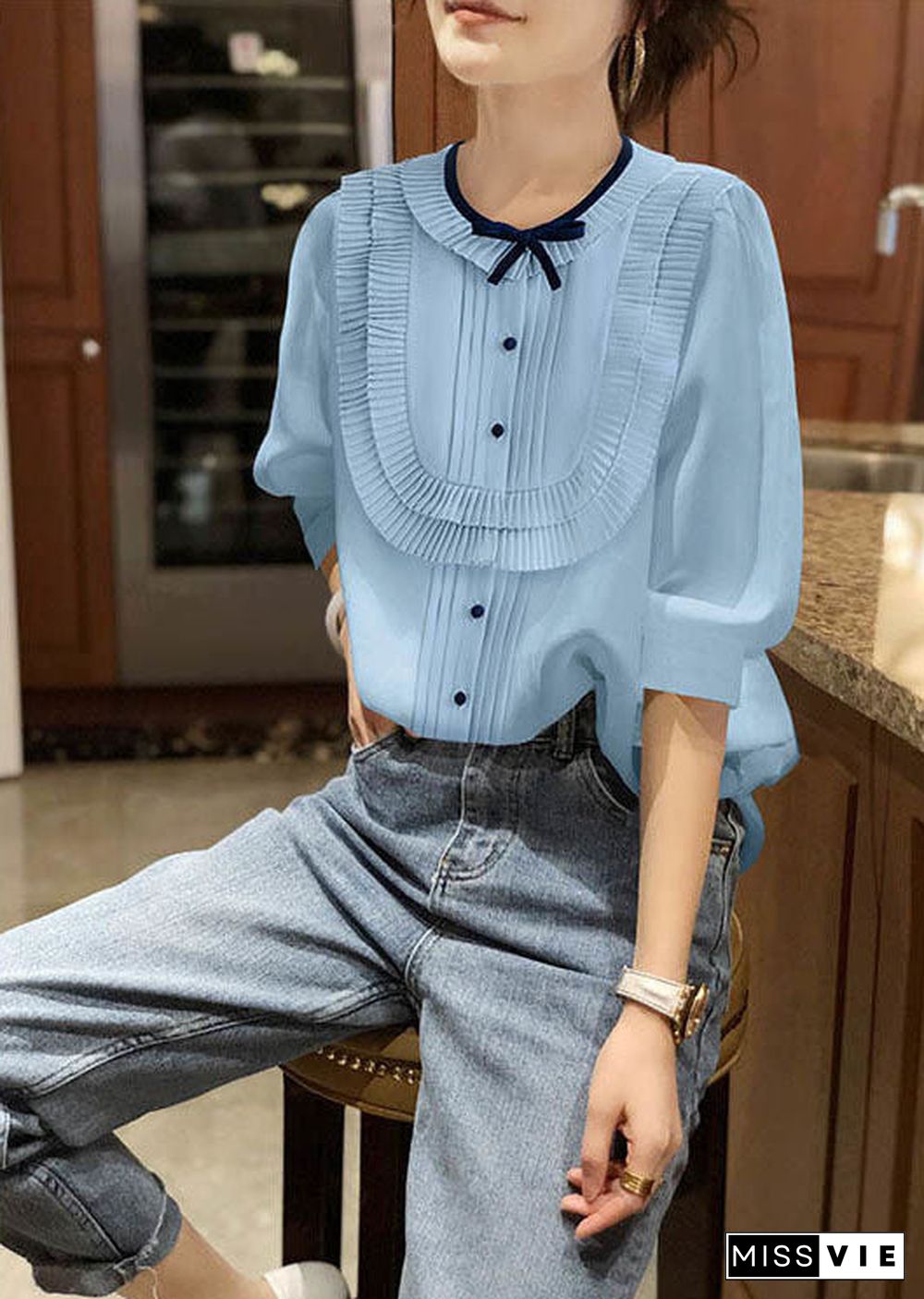 Plus Size Blue O-Neck Patchwork Bow Wrinkled Chiffon Shirt Bracelet Sleeve