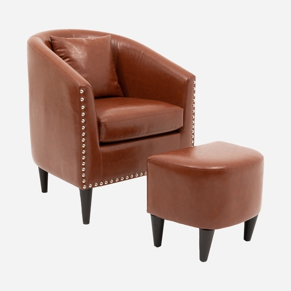 Modern Accent Chair with Ottoman Set， PU Leather Upholstered Club Round Arms Chair