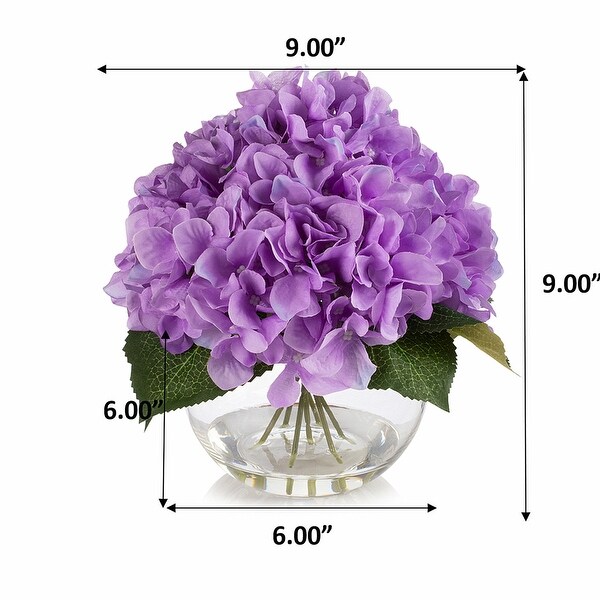 Hydrangea Artificial Flowers in Round Glass Vase with Faux Water，Silk Flower Arrangements in Vase for Home Decor，Wedding Table