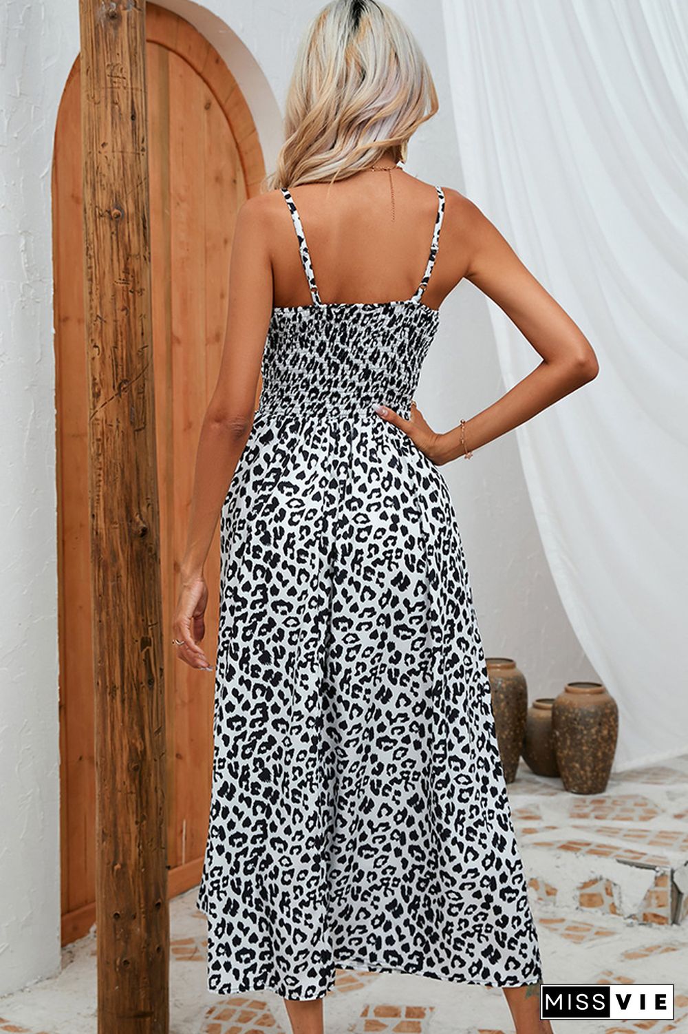 V Neck Leopard Smocked Waist Cami Maxi Dress