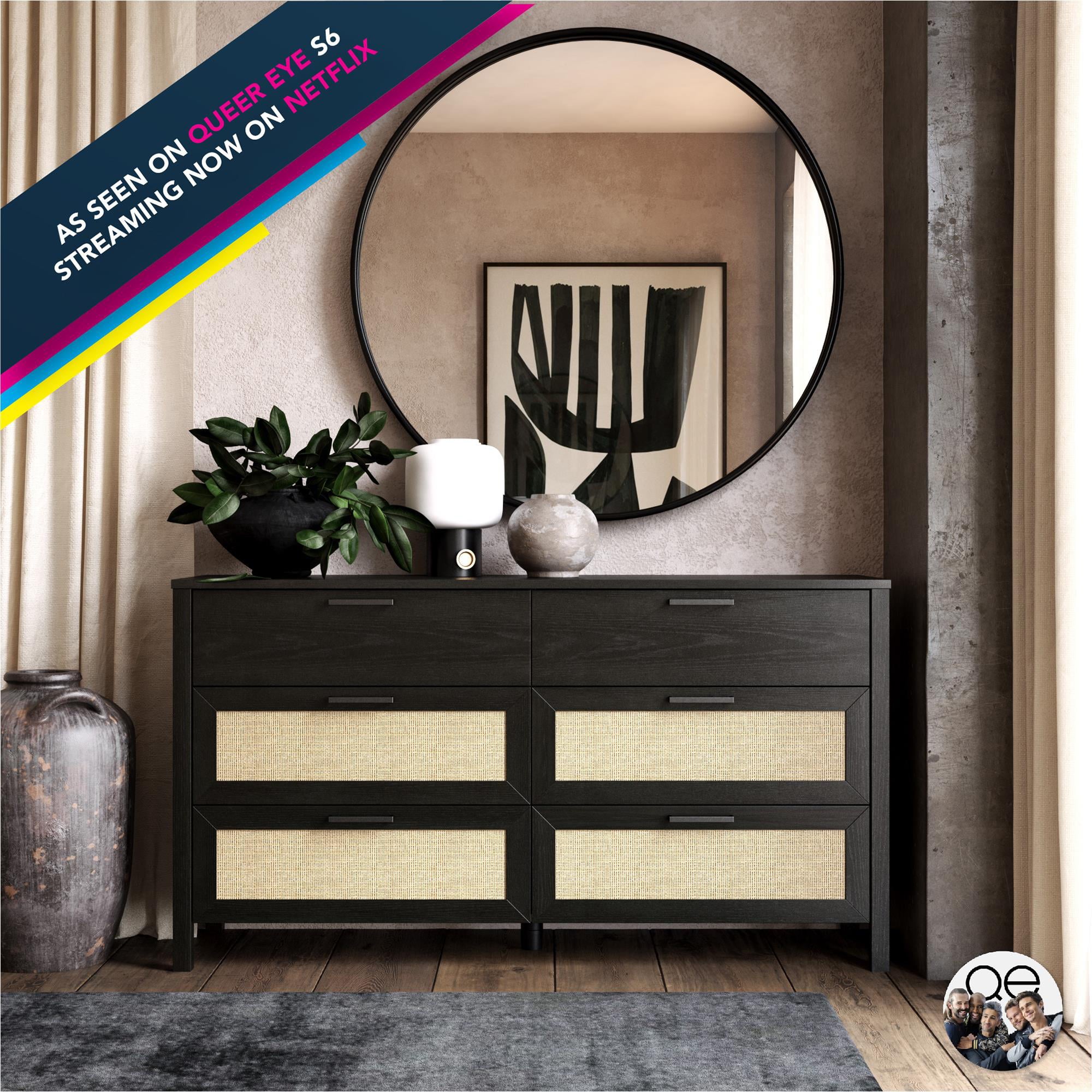 Queer Eye Wimberly 6 Drawer Dresser, Black Oak with Faux Rattan