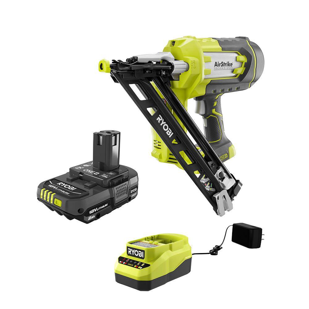 RYOBI ONE+ 18V Cordless AirStrike 15-Gauge Angled Finish Nailer and 2.0 Ah Compact Battery and Charger Starter Kit P330-PSK005