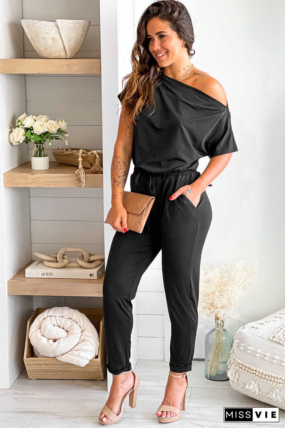 Black Tie Waist Short Sleeve Tapered Jumpsuit