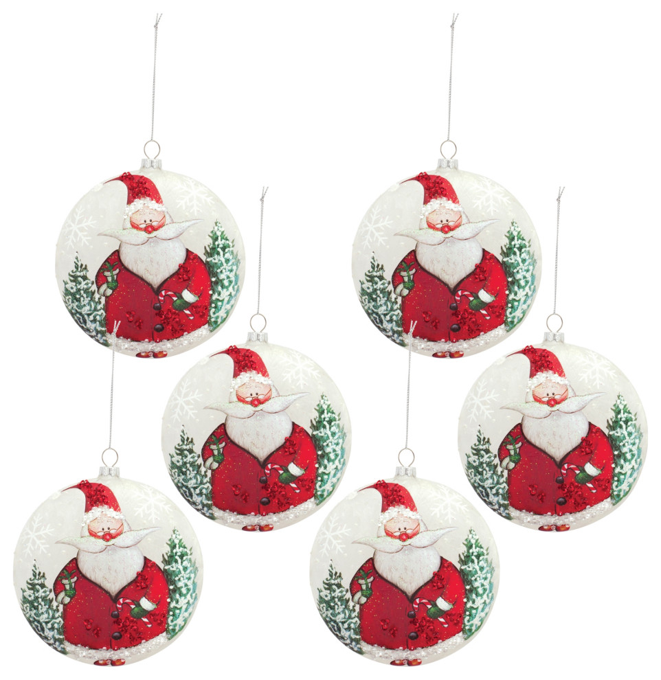 Santa Disc Ornament  6 Piece Set  5 quotD Glass   Transitional   Christmas Ornaments   by Timeout PRO  Houzz